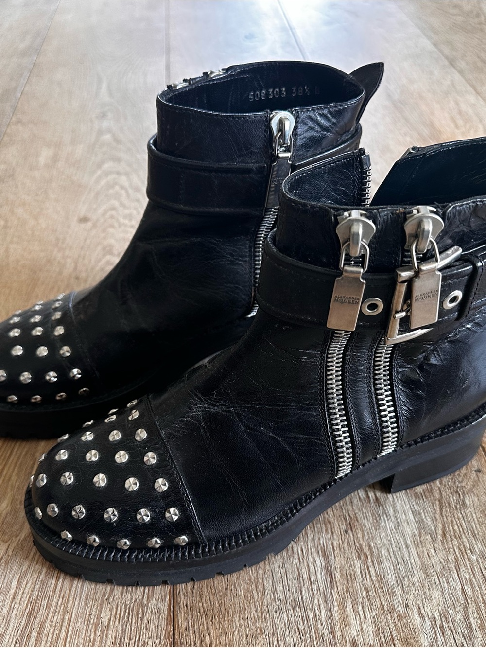 Alexander McQueen Black Leather Studded Ankle Boots with Silver Hardware